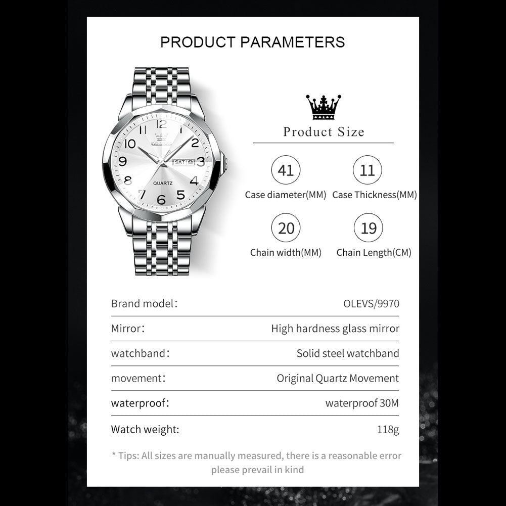 OLEVS 9970 Watches for men  Business Dress Luxury Casual Analog Quartz Stainless Steel Waterproof Luminous Date Men Wrist Watches reloj para hombre  Blue Dial