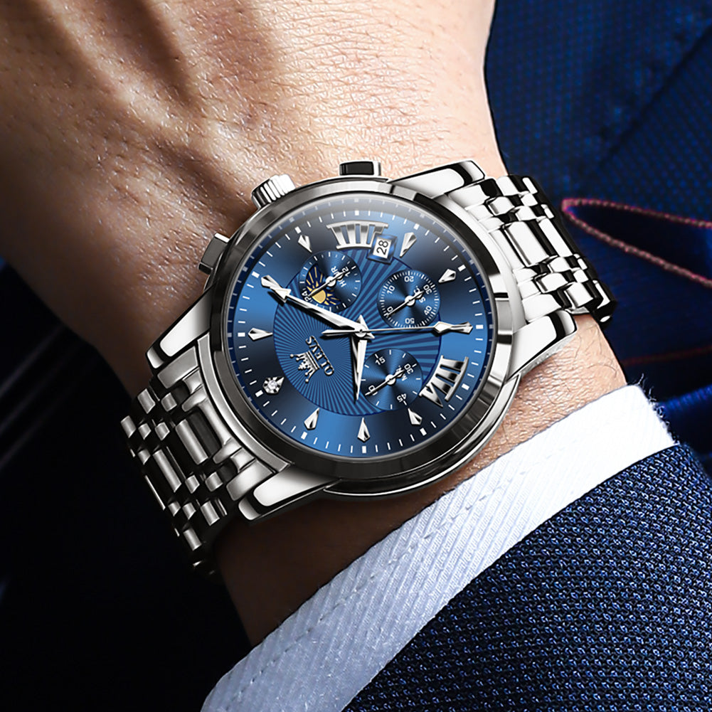 OLEVS 2892 Men's Chronograph Quartz Watches Moon phase Texture Waterproof Stainless Steel Wrist Watch
