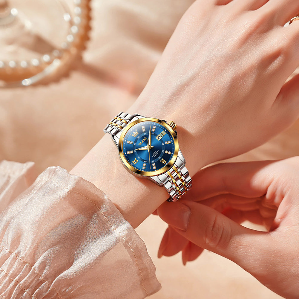 OLEVS 3620 Women's Quartz Watch, Elegant Design with Diamond Accents, Roman Numerals, Calendar, Waterproof, Perfect Gift