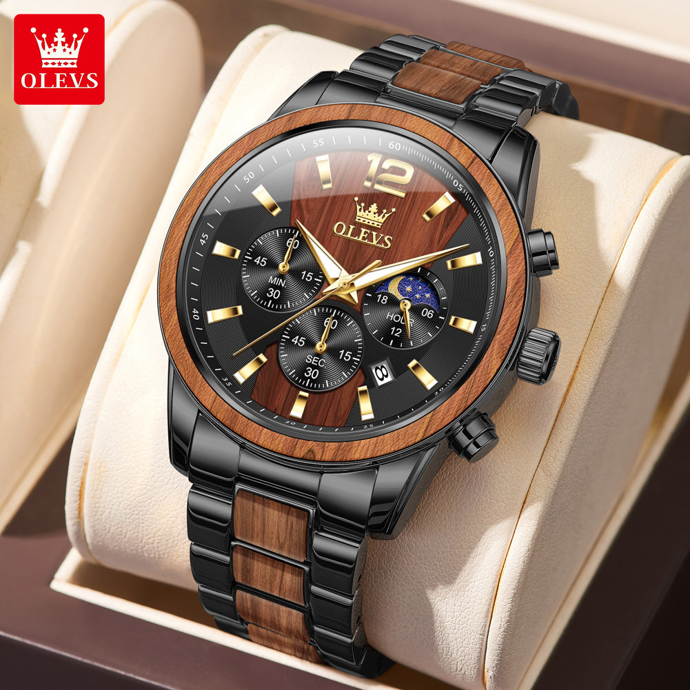 OLEVS 3645 Men’s Authentic Wooden Watch, Red Ebony Wood Grain Stainless Steel Case, Night Light Water-Resistant, High-End Luxury Dress Watch, Comes with a Strap