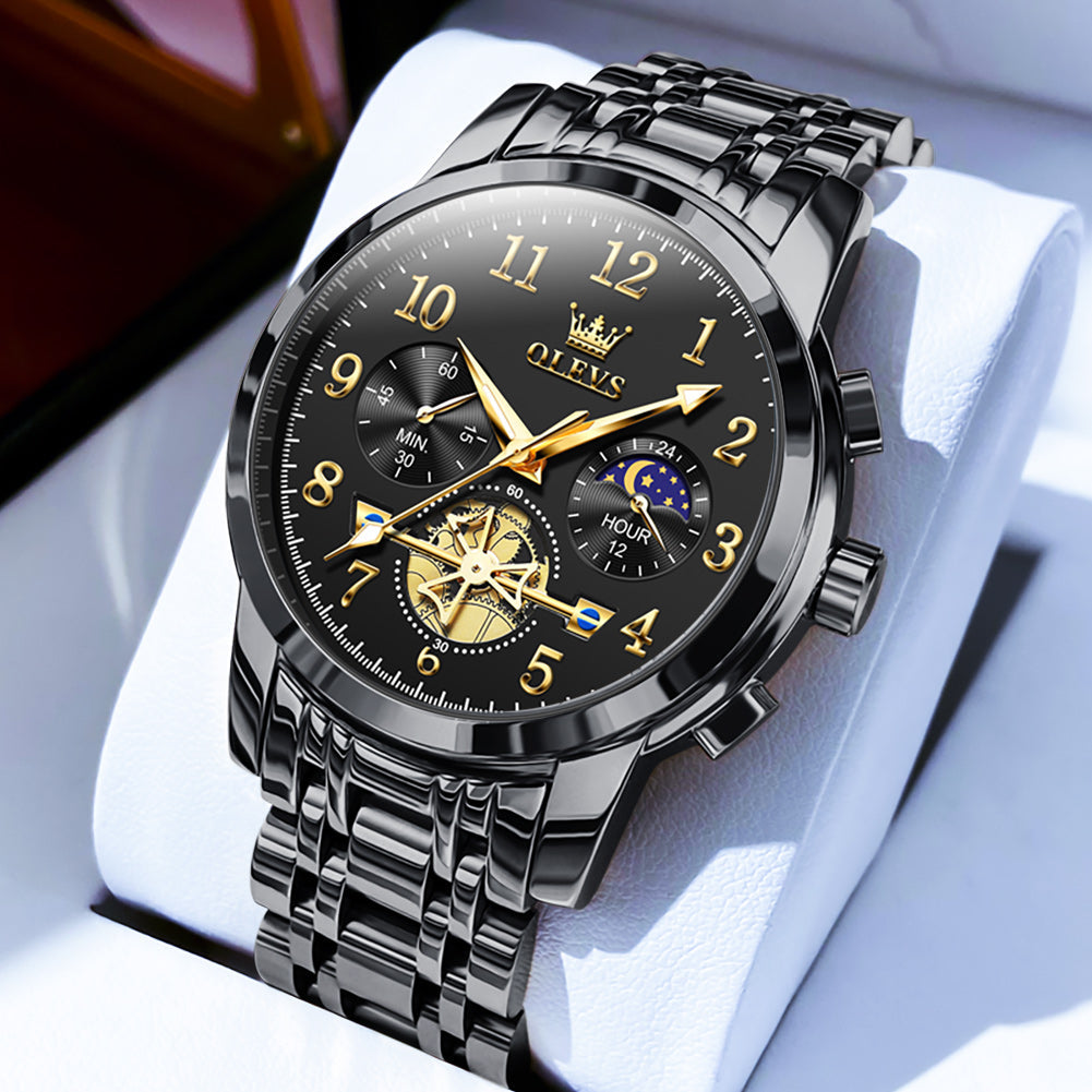 OLEVS 2900 Men's Quartz Watch with Numerals, 24-Hour and Moon Phase Sub-Dials, Chronograph, Perfect Gift