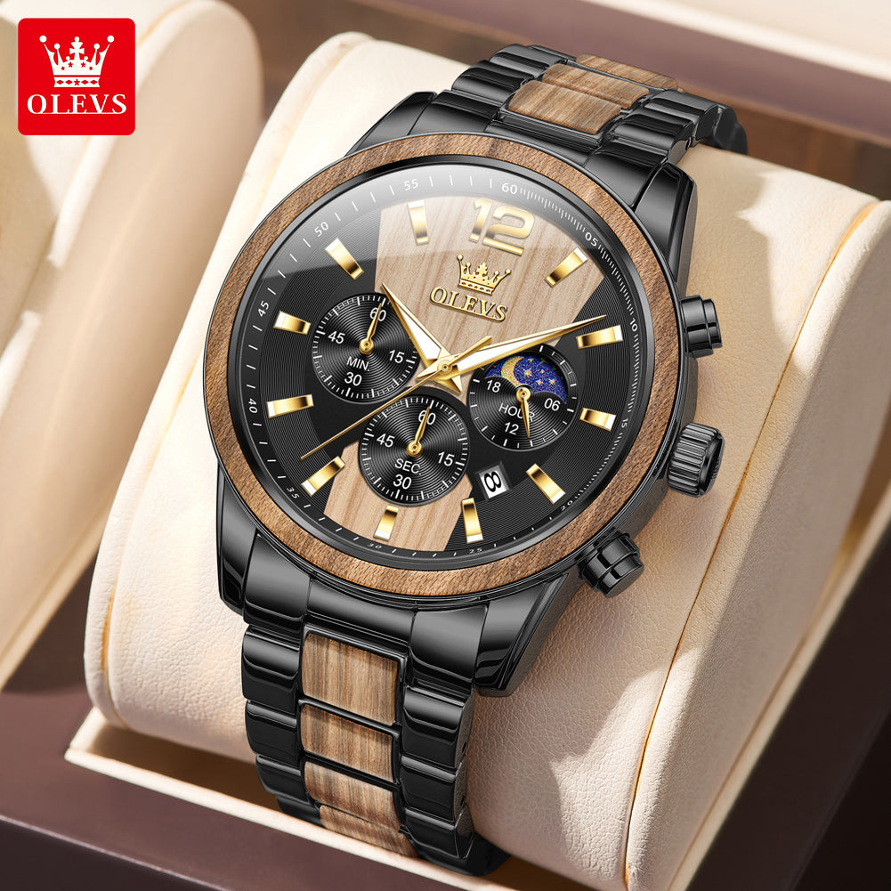 OLEVS 3645 Men’s Authentic Wooden Watch, Red Ebony Wood Grain Stainless Steel Case, Night Light Water-Resistant, High-End Luxury Dress Watch, Comes with a Strap