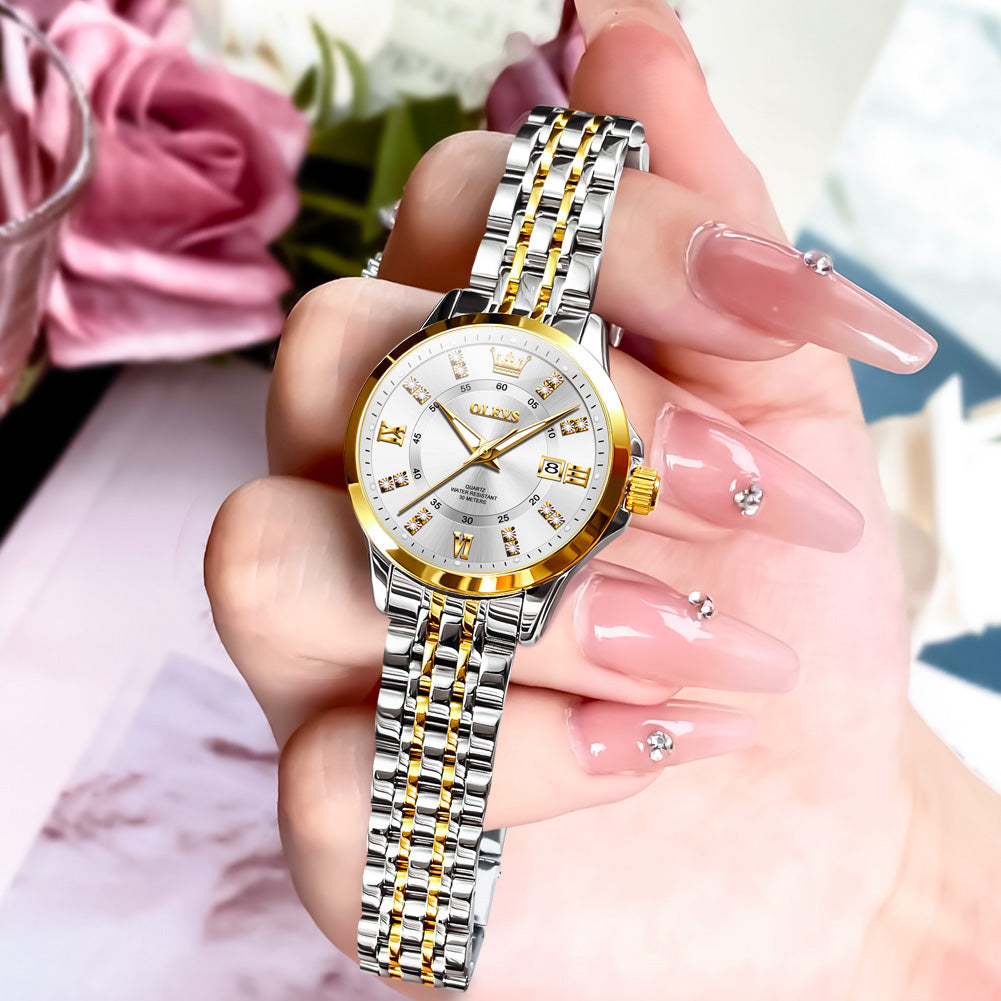 OLEVS 3620 Women's Quartz Watch, Elegant Design with Diamond Accents, Roman Numerals, Calendar, Waterproof, Perfect Gift