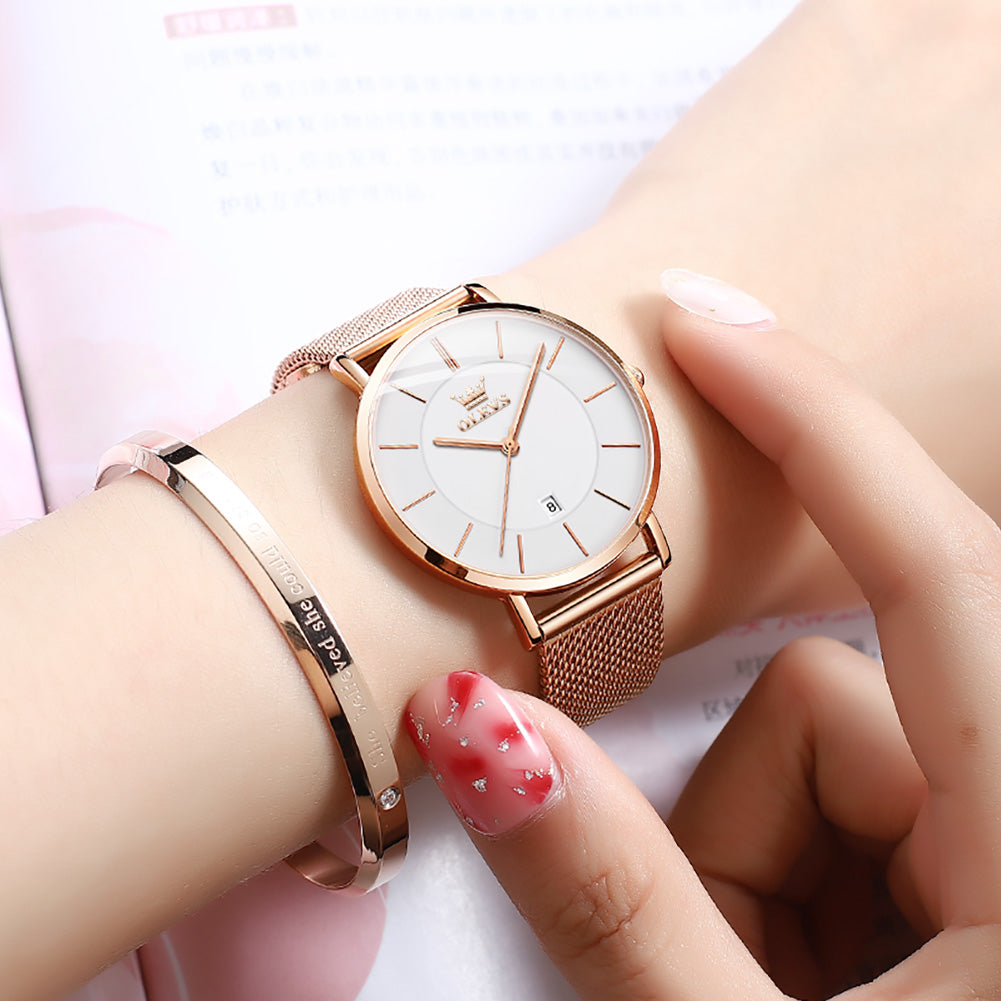 OLEVS 5869 Watch for Women Set Fashion Ladys Wrist Watch Minimalist with Rose Gold Bracelet Analog Quartz Date Waterproof Wrist Watches