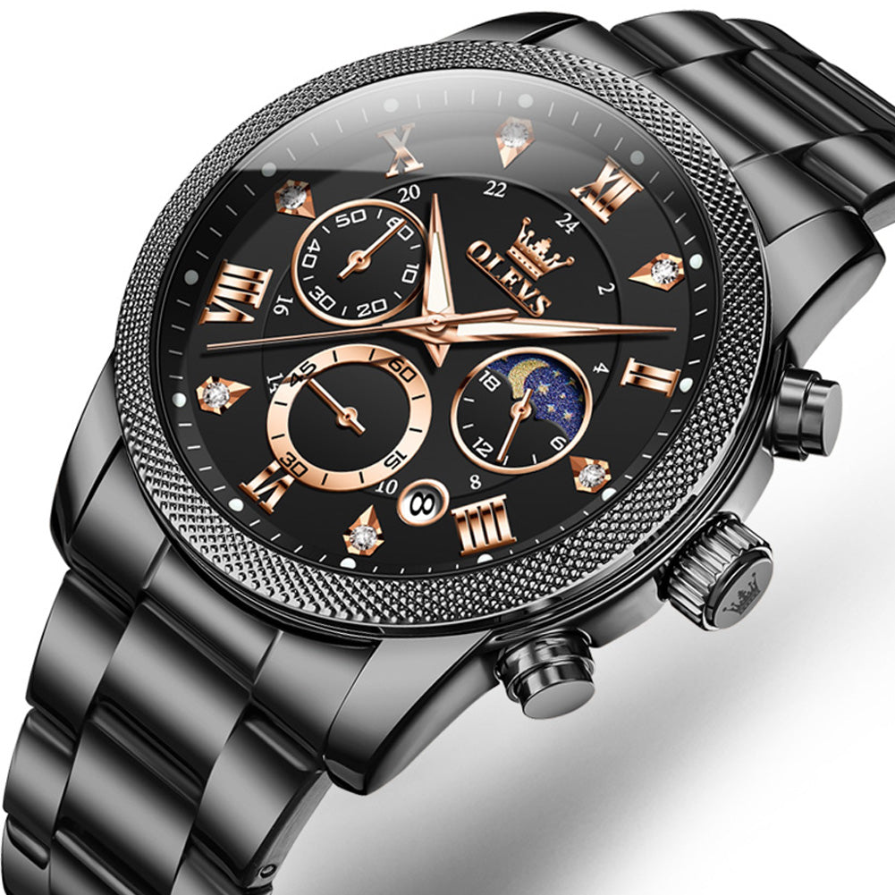 OLEVS 3660 Chronograph Watches for Men Fashion Dress Analog Quartz Moon Phase Stainless Steel Waterproof Luminous Date Luxury Mens Wrist Watches Reloj Para Hombre Rose/Black