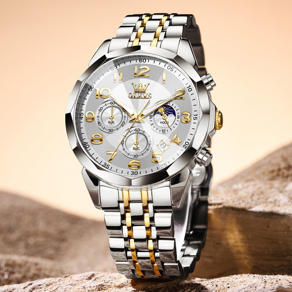 OLEVS  3676 Chronograph Watches for Men Business Dress Analog Quartz Gold Plated Stainless Steel Moon Phase Waterproof Luminous Date Luxury Mens Wrist Watches Reloj Para Hombre