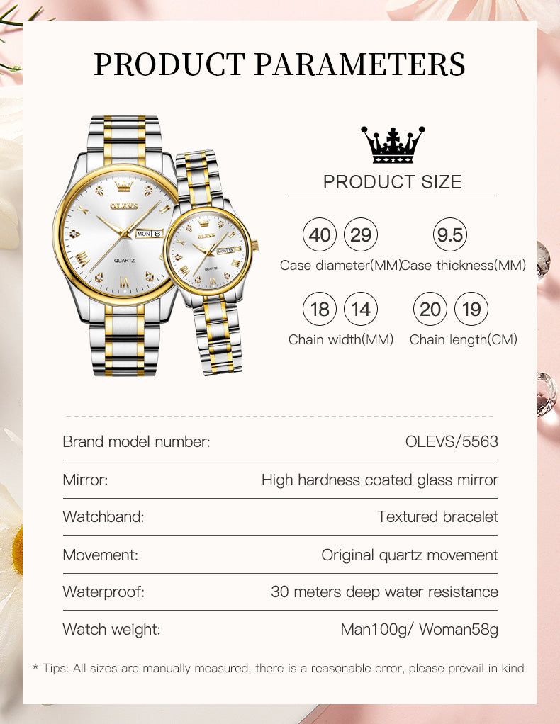 OLEVS 5563Couple Watch Valentines Couple Matching Watches His and Her Couple Set Wrist Watch Men and Women Lovers Wedding Waterproof Romantic Gifts Set of 2