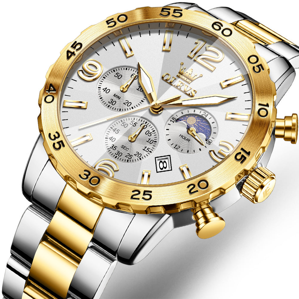 OLEVS 3678 Relojes para Hombre de Lujo Vestido Cronógrafo Analógico Cuarzo Chapado en Oro Acero Inoxidable Fase Lunar Impermeable Luminoso Fecha Relojes de Pulsera de Moda para Hombre Reloj Para Hombre 