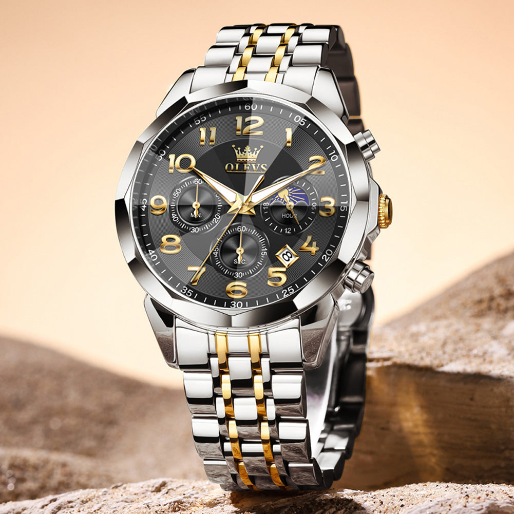 OLEVS  3676 Chronograph Watches for Men Business Dress Analog Quartz Gold Plated Stainless Steel Moon Phase Waterproof Luminous Date Luxury Mens Wrist Watches Reloj Para Hombre