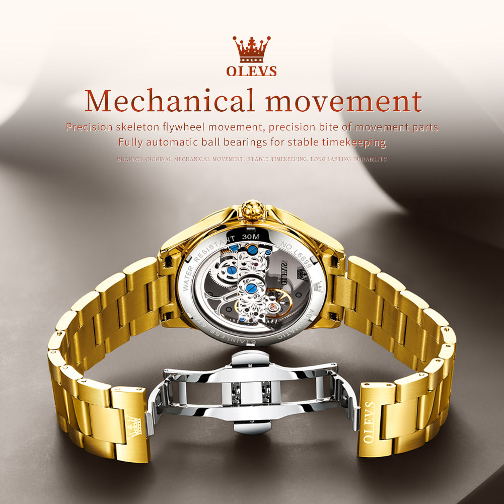 OLEVS 6699 Automatic Watches for Womens Mechanical Diamond Skeleton Self Winding Luxury Dress Waterproof Luminous Ladies Watches Womens Wrist Watches Gift Reloj Para Mujer