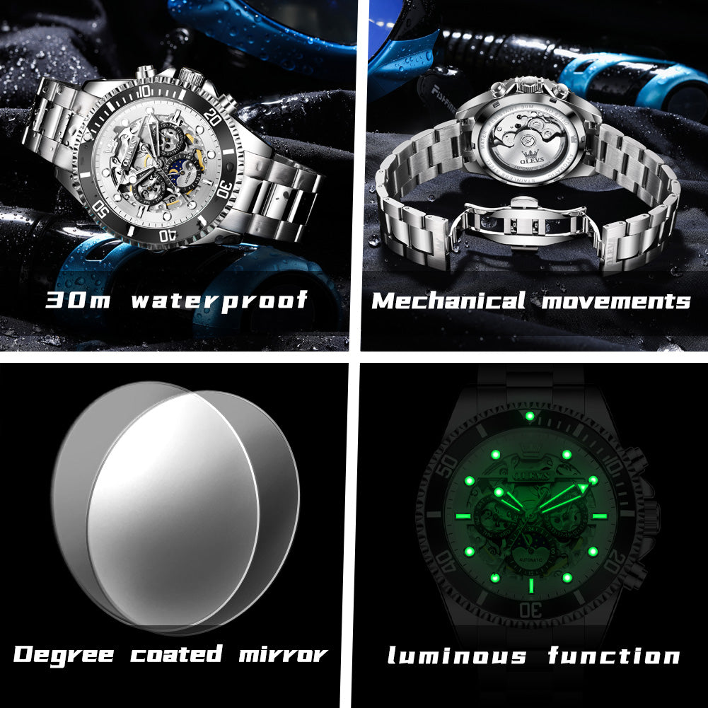 OLEVS 6715 Automatic Watches for Men Skeleton Self Winding Mechanical Fashion Dress Chronograph Moon Phase Stainless Steel Waterproof Luminous Mens Wrist Watches Gift Reloj Para Hombre