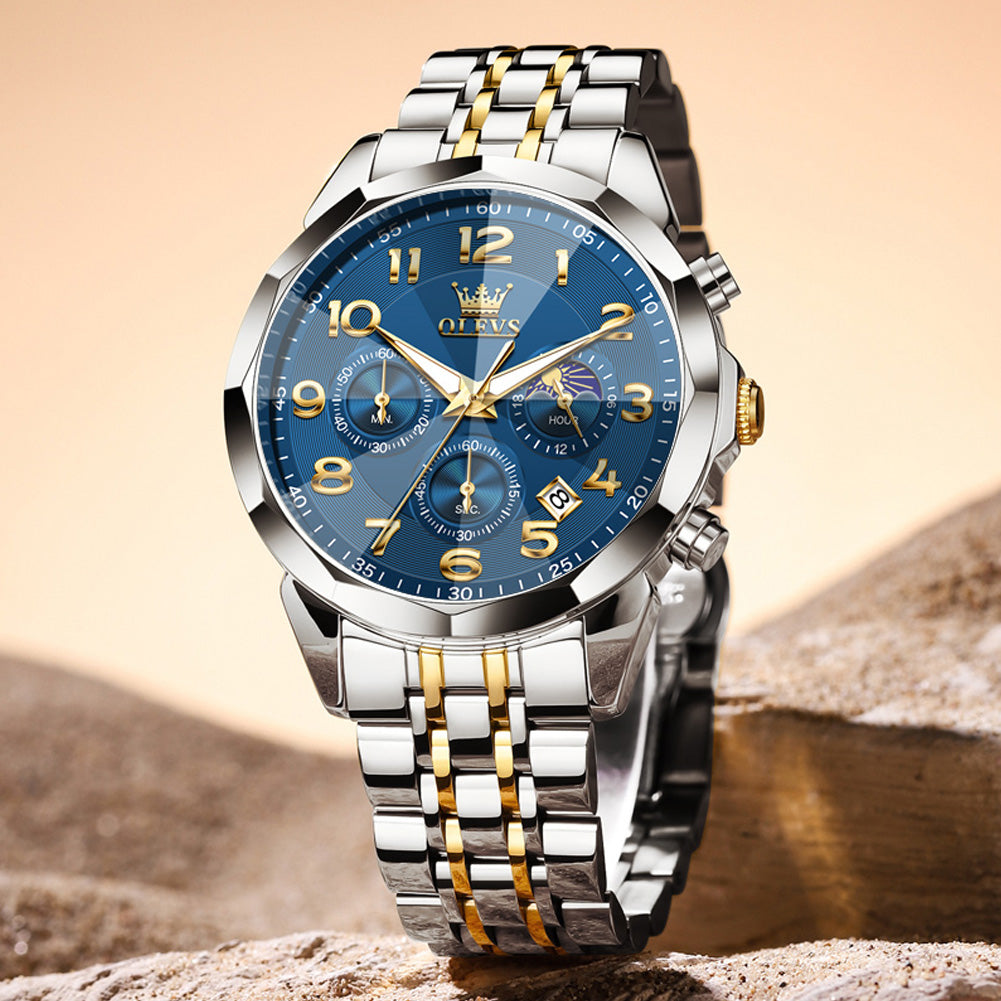 OLEVS  3676 Chronograph Watches for Men Business Dress Analog Quartz Gold Plated Stainless Steel Moon Phase Waterproof Luminous Date Luxury Mens Wrist Watches Reloj Para Hombre