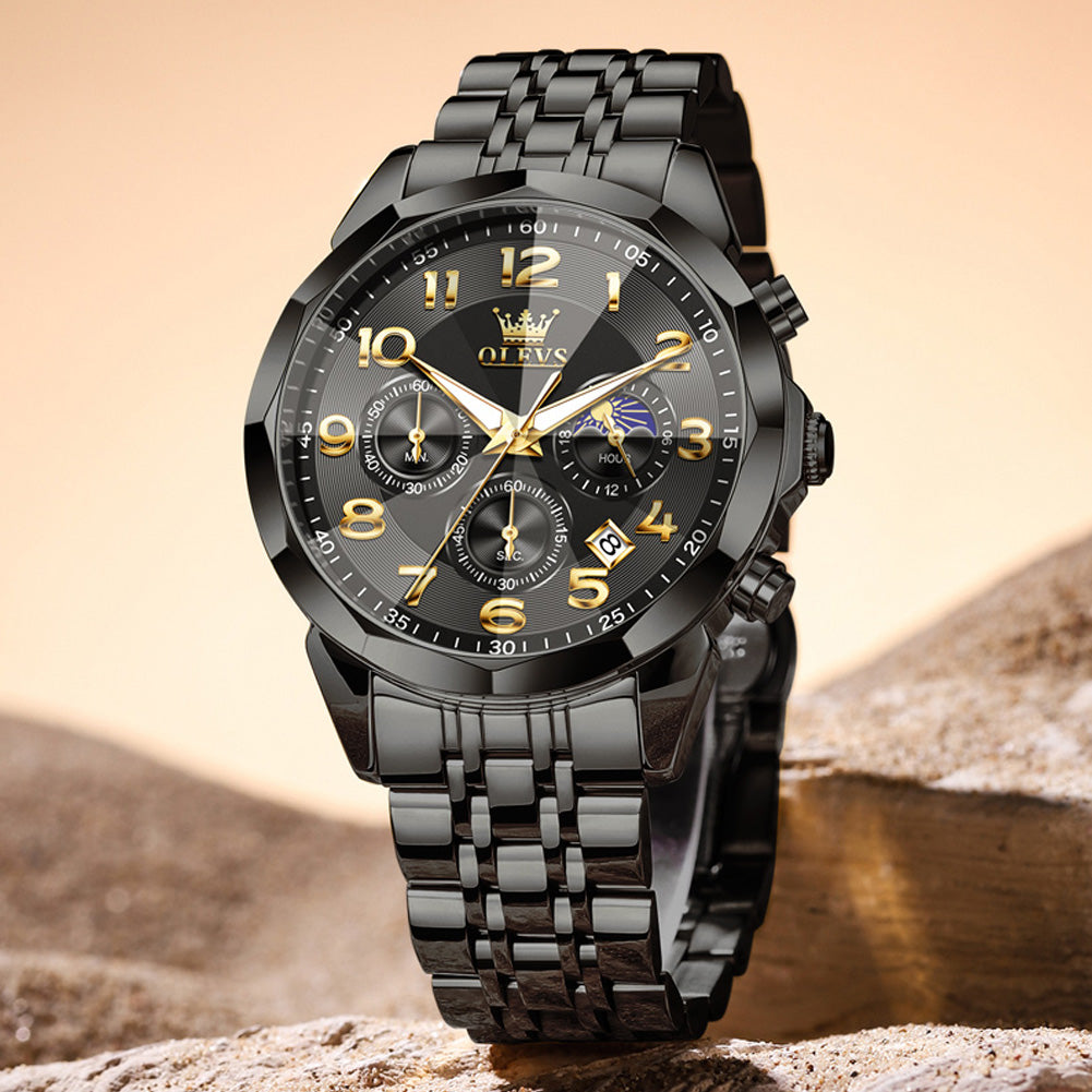 OLEVS  3676 Chronograph Watches for Men Business Dress Analog Quartz Gold Plated Stainless Steel Moon Phase Waterproof Luminous Date Luxury Mens Wrist Watches Reloj Para Hombre