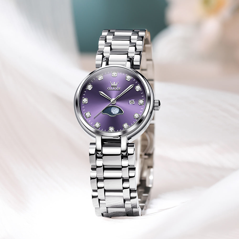 OLEVS 5573 Women's Quartz Watch with Arabic numerals and Diamond Dial Design, Blue Hands, Date Display, 3ATM Water Resistance