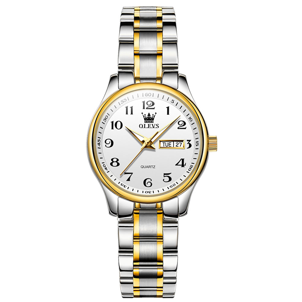OLEVS 5567 Women's Quartz Watch with Roman Numerals, Date and Weekday Sub-Dials, Luminous Hands, 3ATM Water Resistance