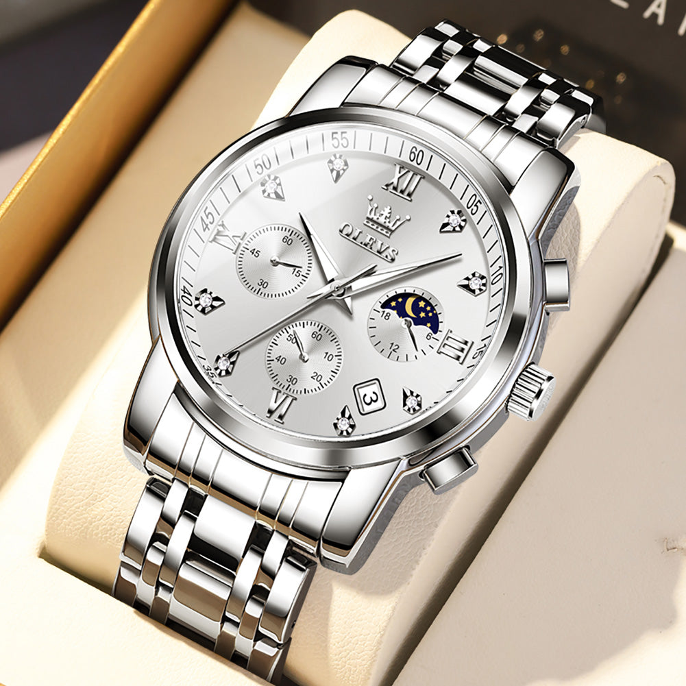 OLEVS 2858 Men's Watch, Business Chronograph Formal Stainless Steel Watch, Pointer Quartz Waterproof Luminous Men's Watch, Black and Blue Tone Stylish Holiday Gift