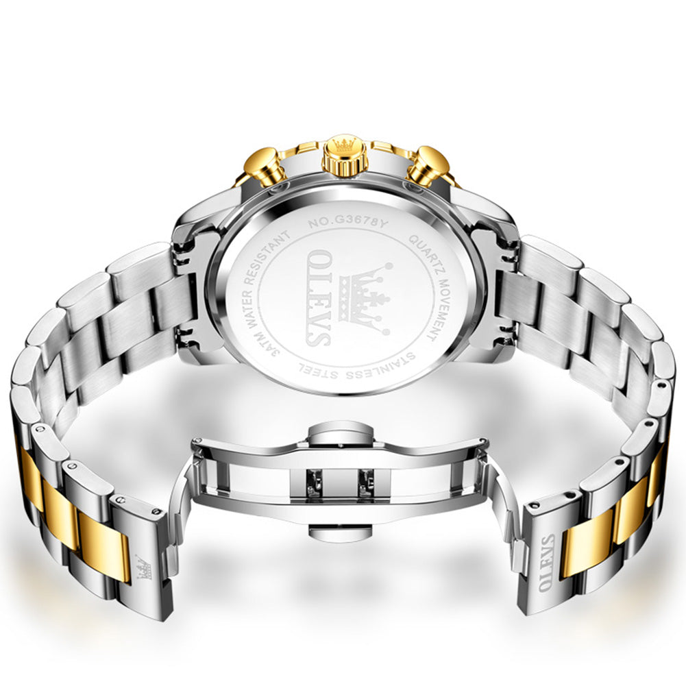 OLEVS 3678 Relojes para Hombre de Lujo Vestido Cronógrafo Analógico Cuarzo Chapado en Oro Acero Inoxidable Fase Lunar Impermeable Luminoso Fecha Relojes de Pulsera de Moda para Hombre Reloj Para Hombre 