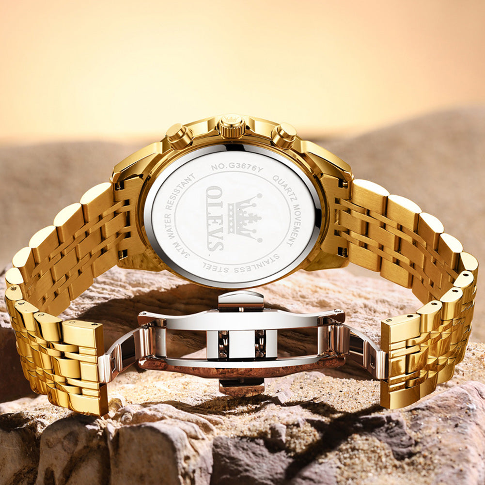 OLEVS  3676 Chronograph Watches for Men Business Dress Analog Quartz Gold Plated Stainless Steel Moon Phase Waterproof Luminous Date Luxury Mens Wrist Watches Reloj Para Hombre