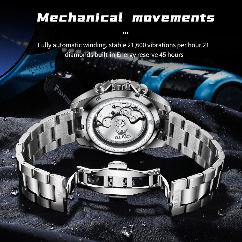 OLEVS 6715 Automatic Watches for Men Skeleton Self Winding Mechanical Fashion Dress Chronograph Moon Phase Stainless Steel Waterproof Luminous Mens Wrist Watches Gift Reloj Para Hombre
