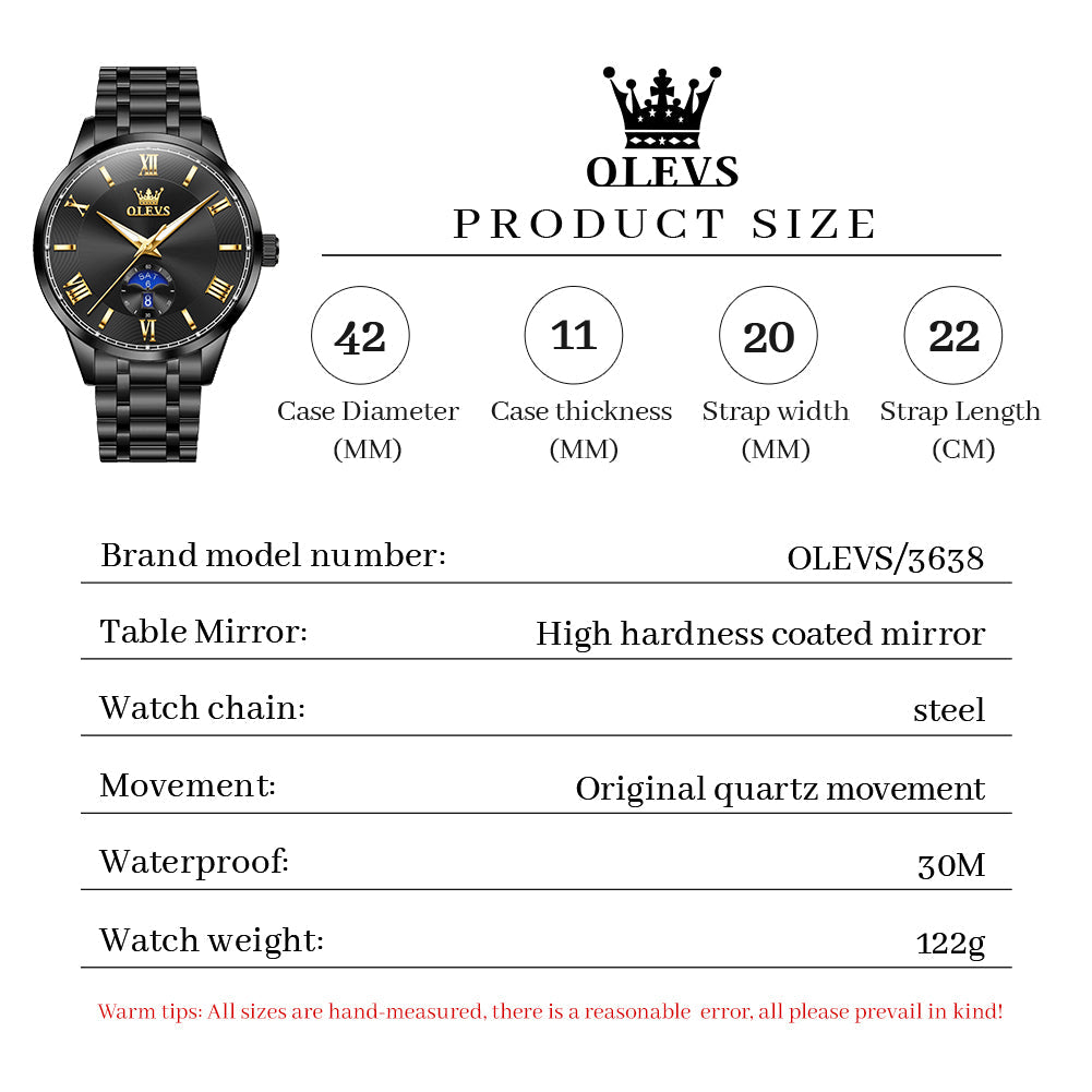 OLEVS 3638 Watches for Men Business Dress Waterproof Analog Quartz Stainless Steel Luminous Day Date Roman Numeral Classic Men Wrist Watches Reloj Para Hombre Black Dial