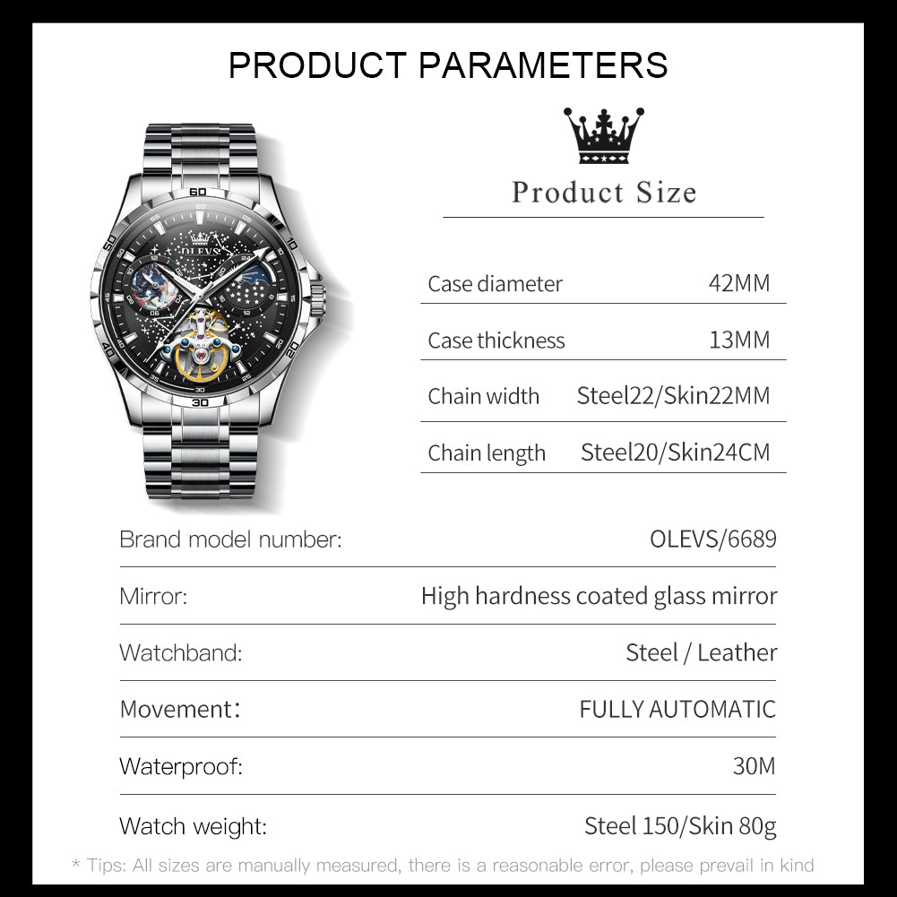 OLEVS 6689 Automatic Watches for Mens Starry Sky Skeleton Tourbillon Self Winding Mechanical Moon Phase Luminous Waterproof Luxury Dress Mens Wrist Watches Gifts Reloj Para Hombre Black/Blue/Green