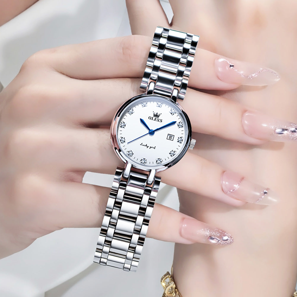 OLEVS 5575 Watches for Womens Analog Quartz Silver Strap Fashions Classic Dress Stainless Steel Date Waterproof Casual Ladies Watches Gift Womens Wrist Watches Reloj Para Mujer White/Pink/Purple