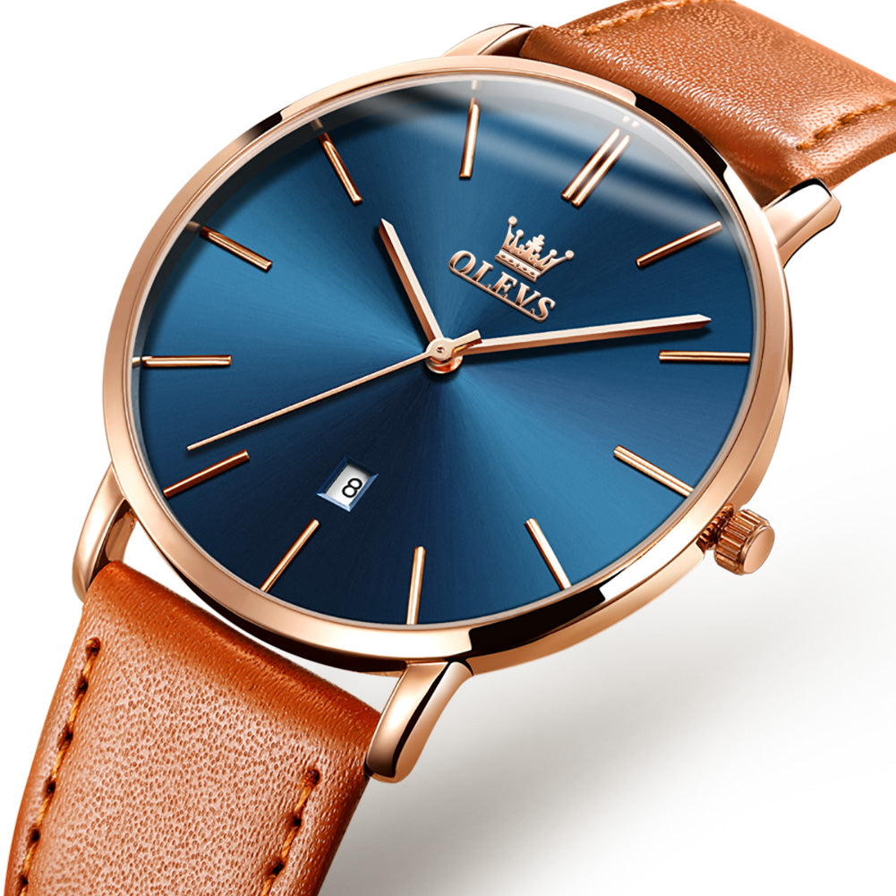 OLEVS  5869 Watches for Men Minimalist Ultra Thin Fashion Casual Analog Quartz Date Watch Waterproof Slim Simple Big Face Dress Mens Wrist Watches with Retro Leather Band for Men Reloj para Hombre