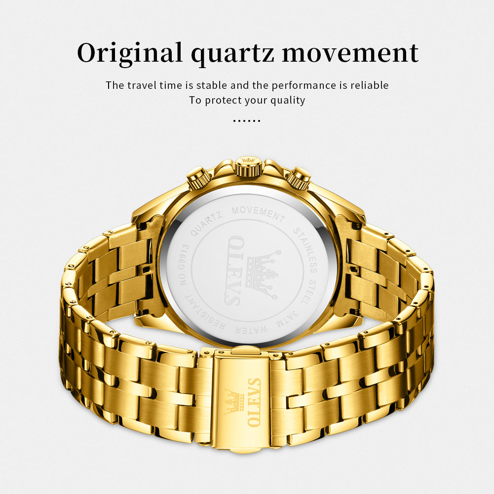 OLEVS 9913 Watches for Men Waterproof Luxury Dress Analog Quartz Chronograph Fashion Gold Plated Stainless Steel Luminous Date Classic Mens Wrist Watches Reloj Para Hombre Gold/White/Black Dial