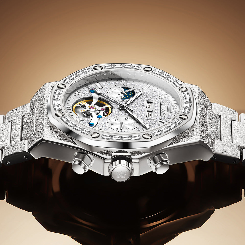 OLEVS 9805 Automatic Mens Watches Self Winding Mechanical Business Diamond Luxury Dress Stainless Steel Waterproof Luminous Wrist Watch