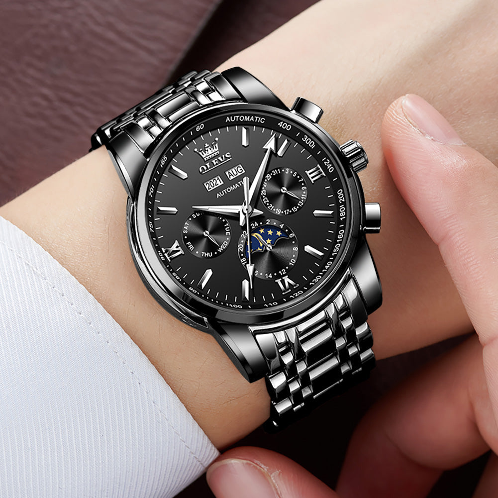OLEVS 6633 Mens Watches Automatic Luxury Big Face Multi Calendar Stainless Steel Waterproof Luminous Wrist Watch for Men