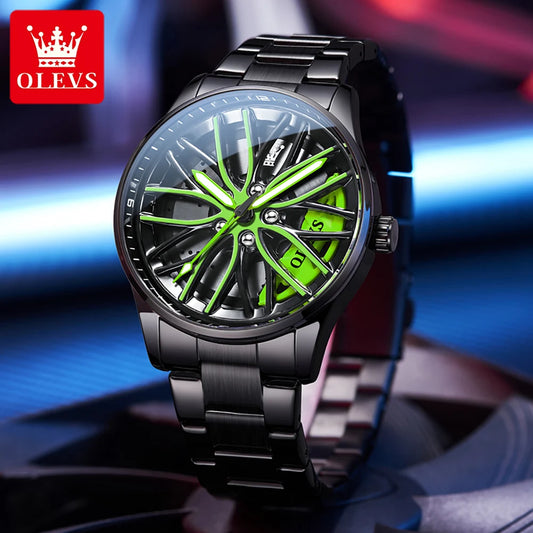 OLEVS 9937 Men's Watch Rotary Dial Skeleton Waterproof Luminous Hollow Wheel Hub Fashion Sports Stainless Steel Quartz Watch