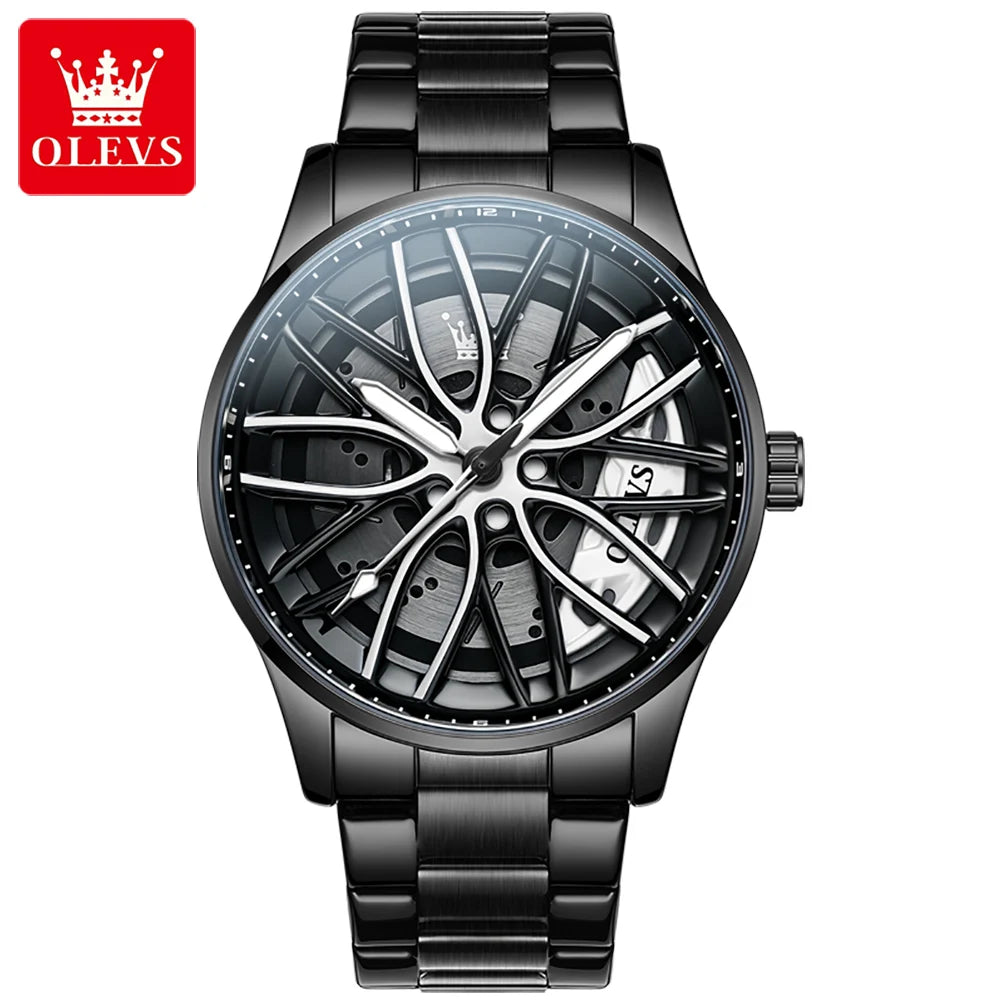 OLEVS 9937 Men's Watch Rotary Dial Skeleton Waterproof Luminous Hollow Wheel Hub Fashion Sports Stainless Steel Quartz Watch