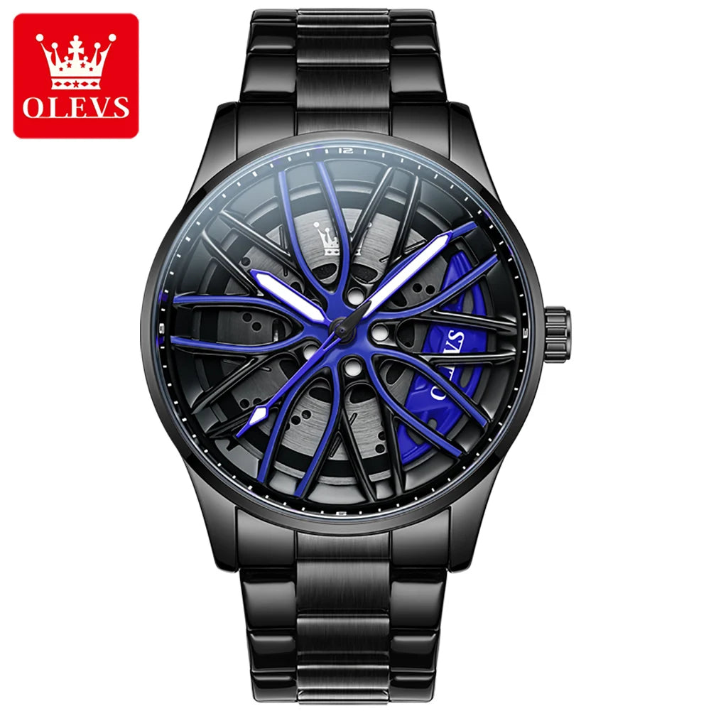 OLEVS 9937 Men's Watch Rotary Dial Skeleton Waterproof Luminous Hollow Wheel Hub Fashion Sports Stainless Steel Quartz Watch