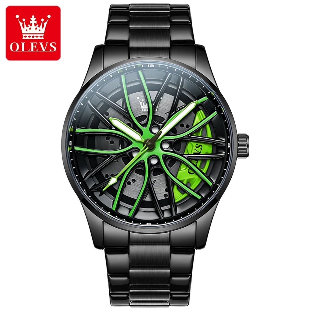 OLEVS 9937 Men's Watch Rotary Dial Skeleton Waterproof Luminous Hollow Wheel Hub Fashion Sports Stainless Steel Quartz Watch
