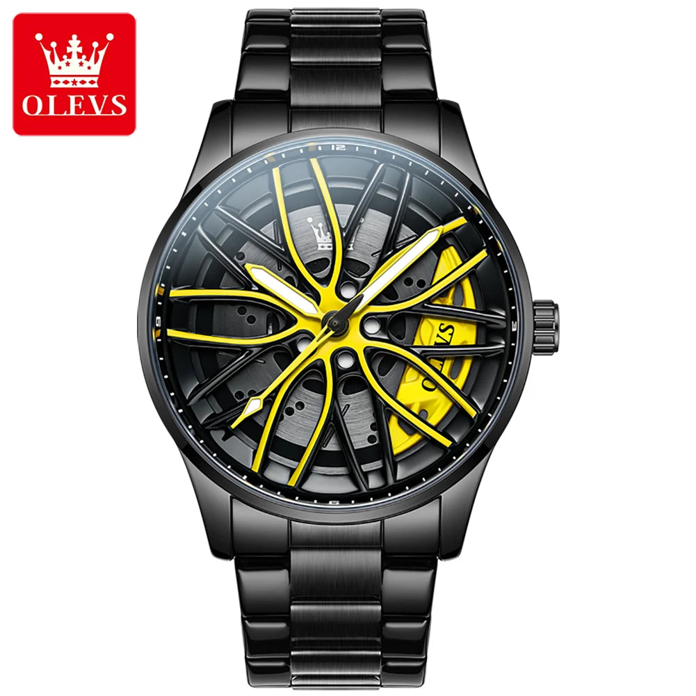 OLEVS 9937 Men's Watch Rotary Dial Skeleton Waterproof Luminous Hollow Wheel Hub Fashion Sports Stainless Steel Quartz Watch