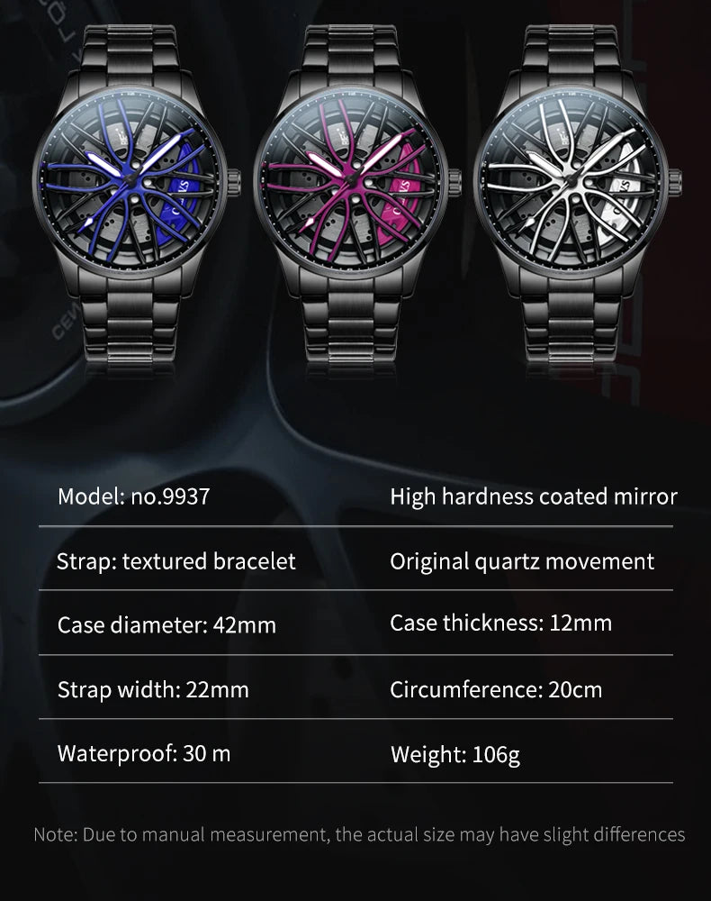 OLEVS 9937 Men's Watch Rotary Dial Skeleton Waterproof Luminous Hollow Wheel Hub Fashion Sports Stainless Steel Quartz Watch