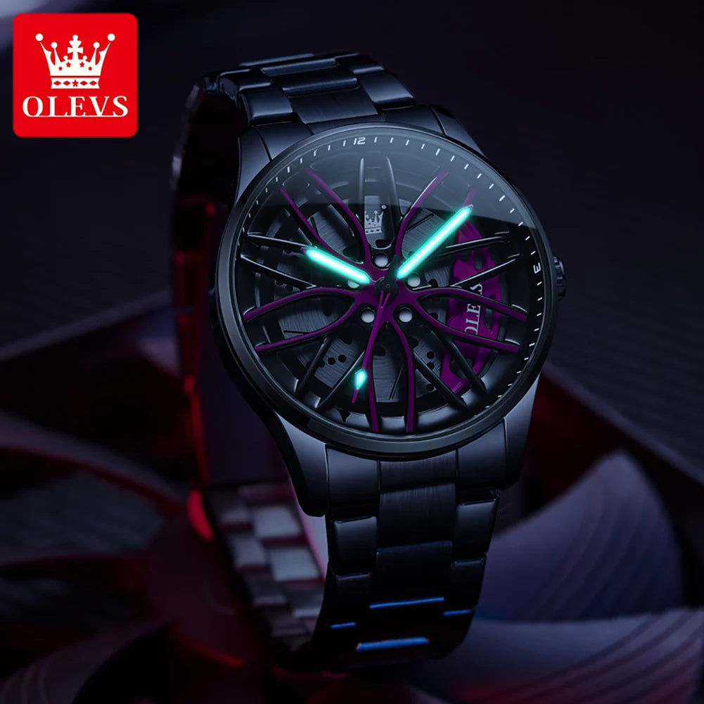 OLEVS 9937 Men's Watch Rotary Dial Skeleton Waterproof Luminous Hollow Wheel Hub Fashion Sports Stainless Steel Quartz Watch