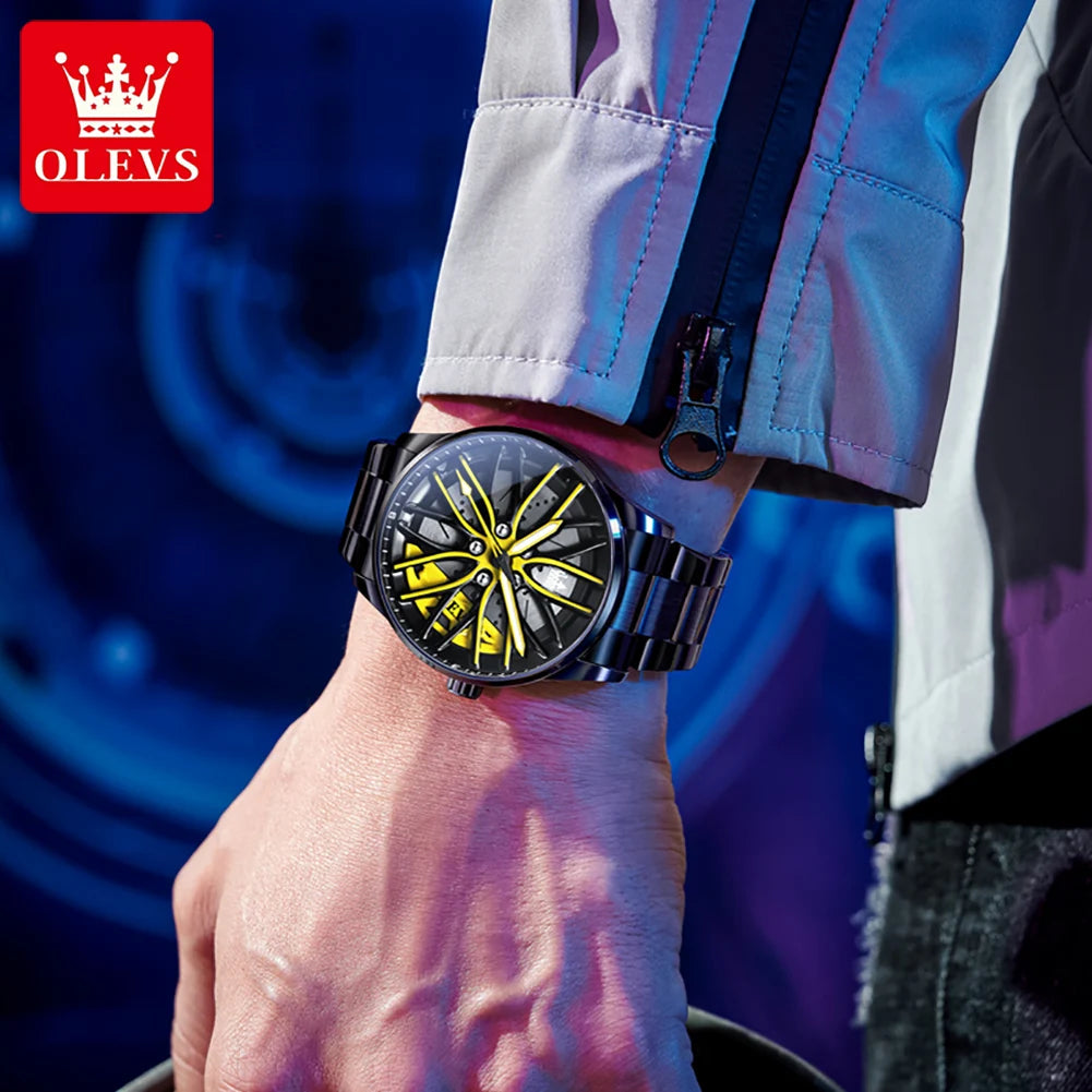 OLEVS 9937 Men's Watch Rotary Dial Skeleton Waterproof Luminous Hollow Wheel Hub Fashion Sports Stainless Steel Quartz Watch