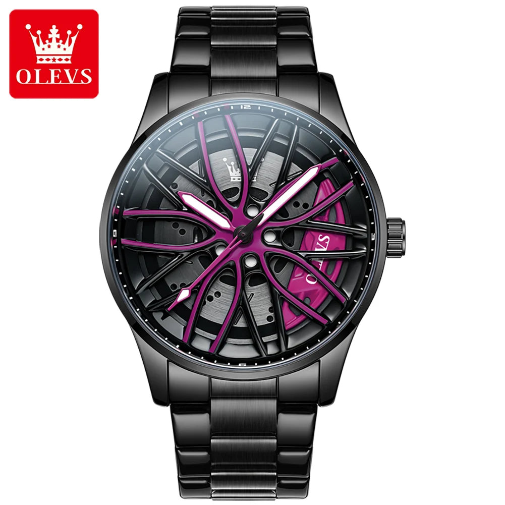 OLEVS 9937 Men's Watch Rotary Dial Skeleton Waterproof Luminous Hollow Wheel Hub Fashion Sports Stainless Steel Quartz Watch