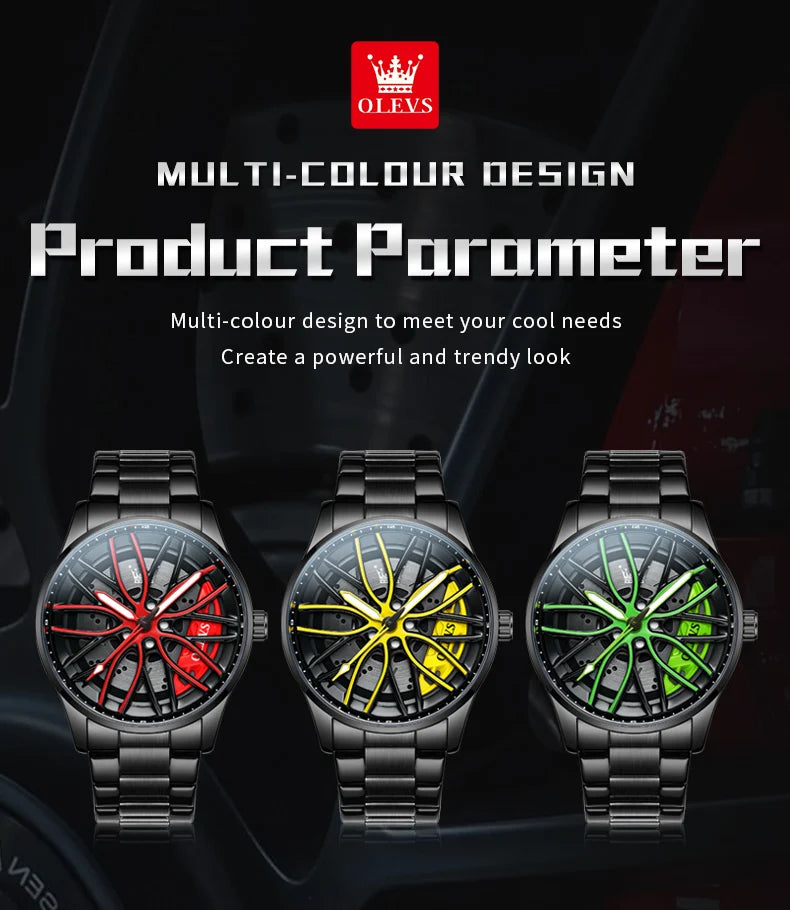 OLEVS 9937 Men's Watch Rotary Dial Skeleton Waterproof Luminous Hollow Wheel Hub Fashion Sports Stainless Steel Quartz Watch