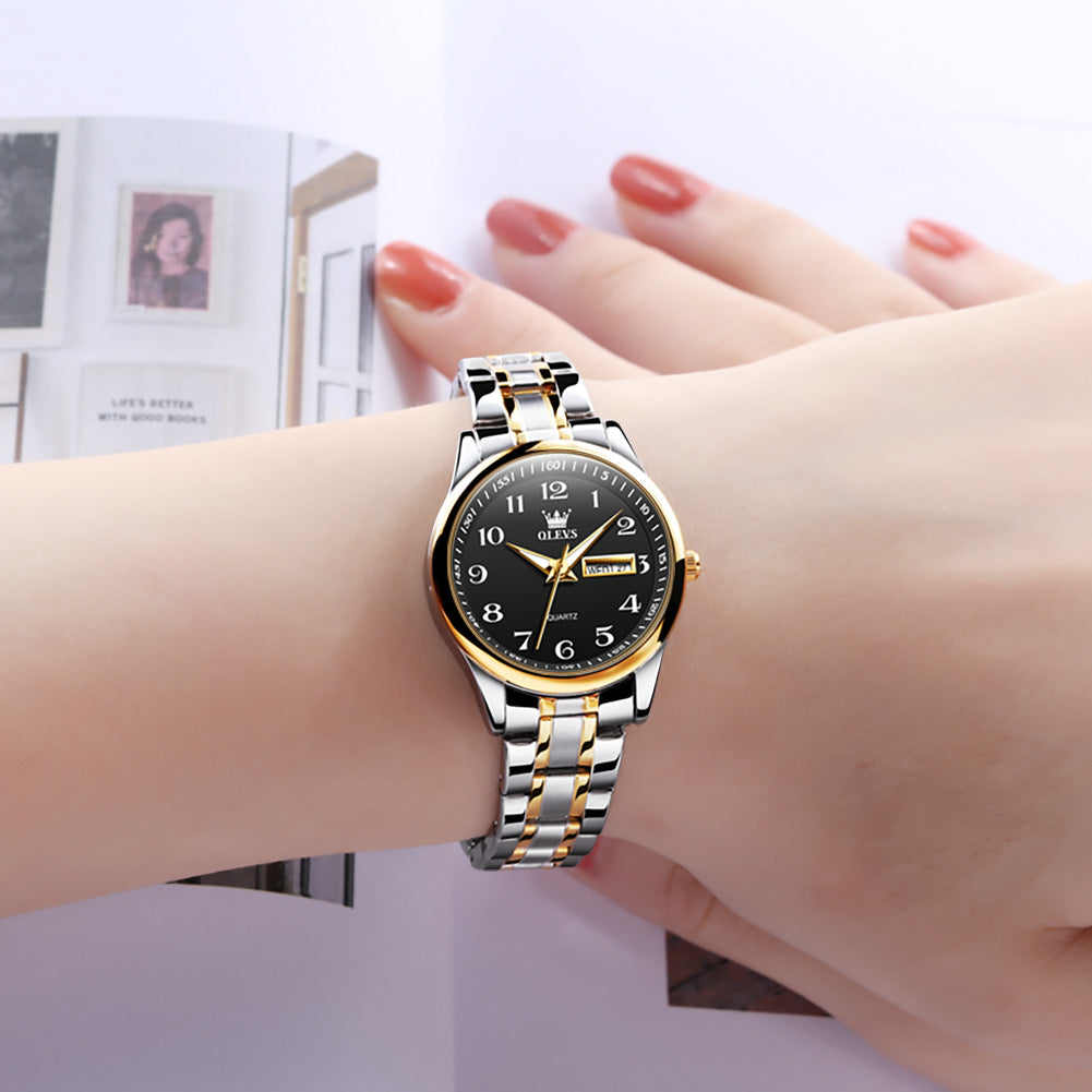 OLEVS 5567 Women's Quartz Watch with Roman Numerals, Date and Weekday Sub-Dials, Luminous Hands, 3ATM Water Resistance