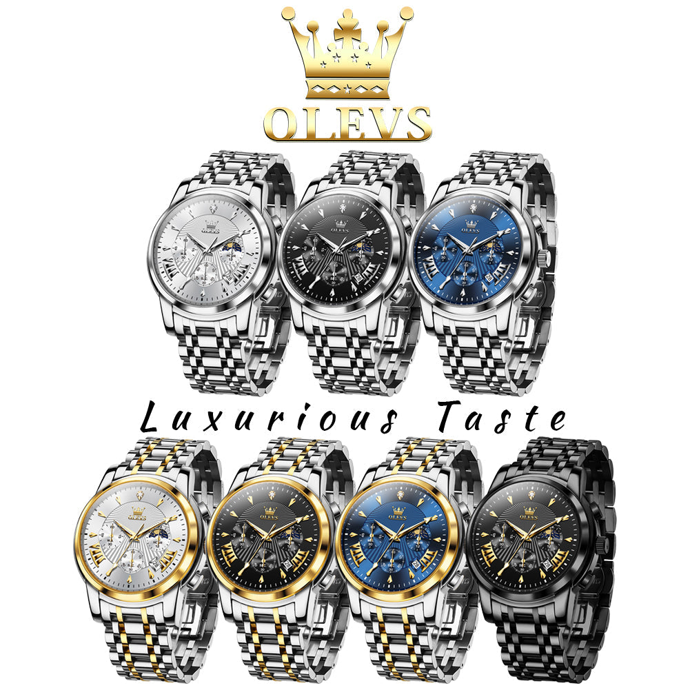 OLEVS 2892 Men's Chronograph Quartz Watches Moon phase Texture Waterproof Stainless Steel Wrist Watch