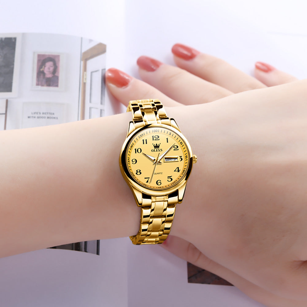 OLEVS 5567 Women's Quartz Watch with Roman Numerals, Date and Weekday Sub-Dials, Luminous Hands, 3ATM Water Resistance