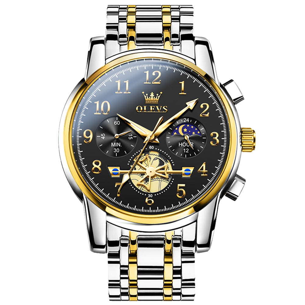 OLEVS 2900 Men's Quartz Watch with Numerals, 24-Hour and Moon Phase Sub-Dials, Chronograph, Perfect Gift