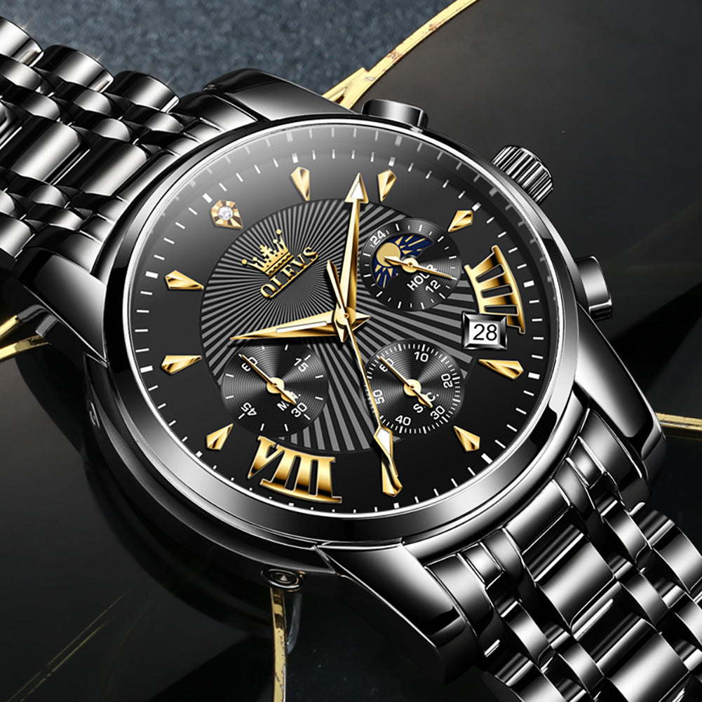 OLEVS 2892 Men's Chronograph Quartz Watches Moon phase Texture Waterproof Stainless Steel Wrist Watch