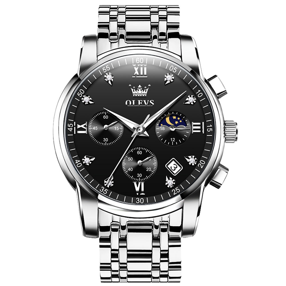 OLEVS 2858 Men's Watch, Business Chronograph Formal Stainless Steel Watch, Pointer Quartz Waterproof Luminous Men's Watch, Black and Blue Tone Stylish Holiday Gift